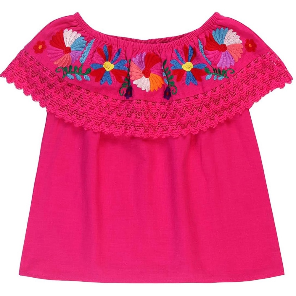π$5 Pick!π Mexican Traditional Embroidered Off The Shoulder Peasant Lace Blouse - Picture 6 of 7